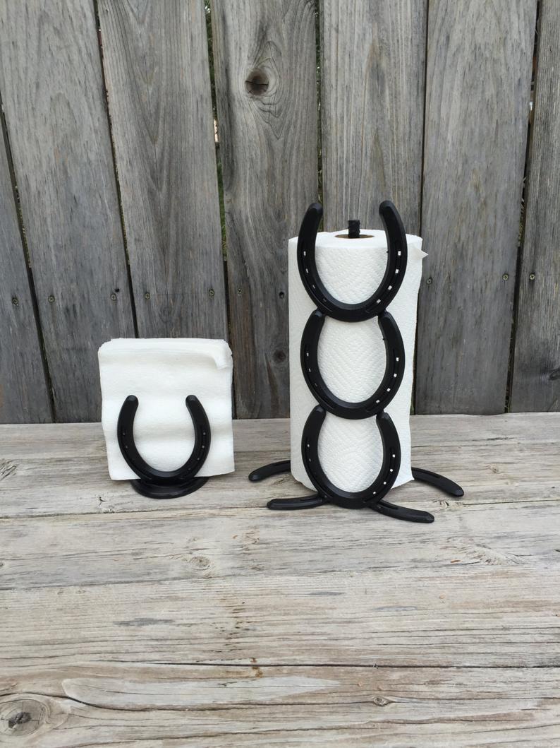 Kitchen Set - Paper Towel Holder and Napkin Holder Set - Horse Shoe Art - Horse Shoe Decor - Black Kitchen Set -