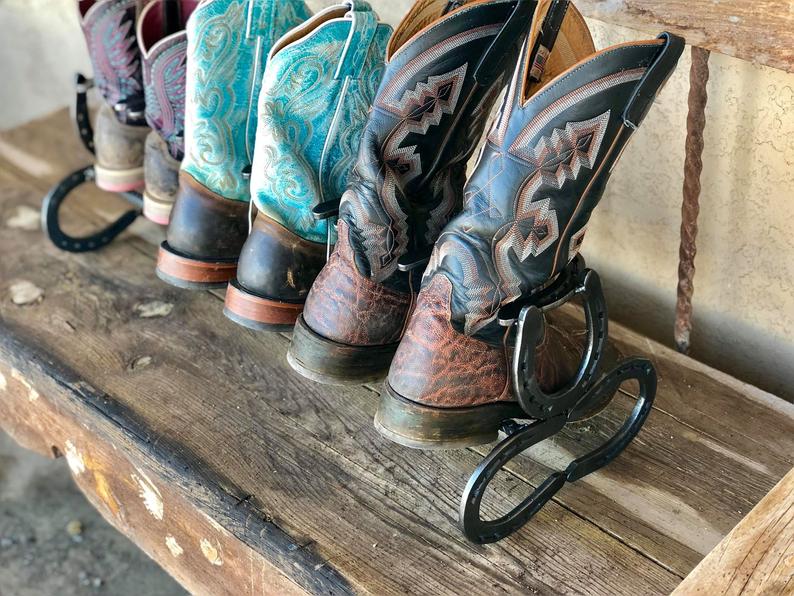 Boot Rack, Horseshoe Boot Rack Three Pair Boot Holder, Boot Organizer, Shoe Holder, Shoe Rack, Western Decor, Country Decor, Horseshoe Art