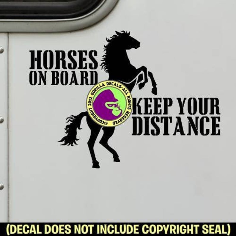 HORSES ON BOARD - Keep Your Distance - Rearing Horse - Caution Trailer Vinyl Decal Sticker Sign